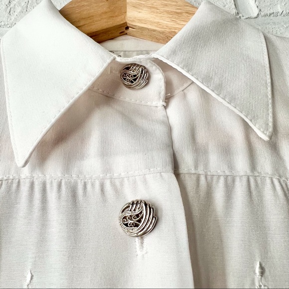 Vintage white button up embroidered long sleeve blouse shoulder pads S - Picture 12 of 16
